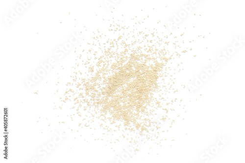 Pile of dry yeast isolated on white background, top view. Active dry yeast on a white background, top view. Dry yeast granules isolated on white background. Dry yeast is used in baked goods.