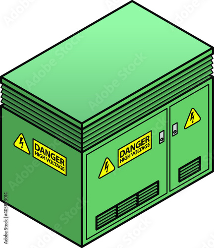 A common suburban transformer substation with warning signs.