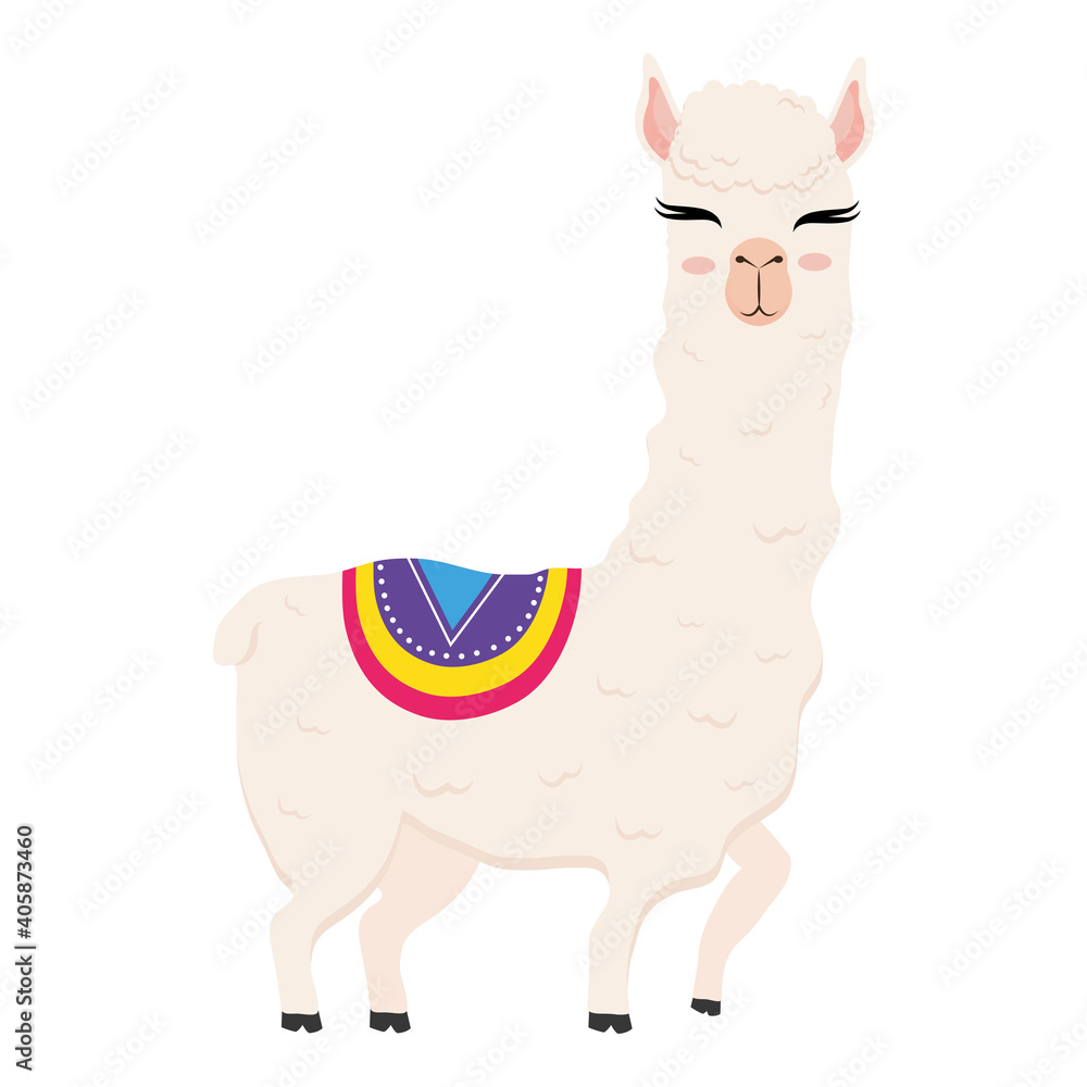 Fototapeta premium cute alpaca exotic animal with chair ethnicity vector illustration design