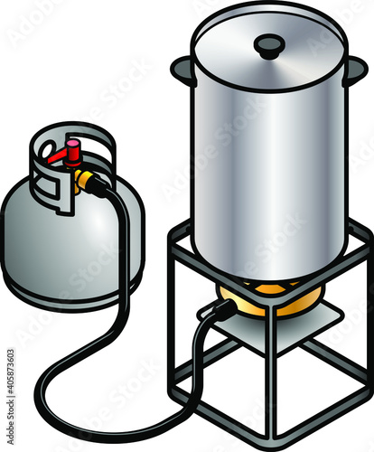 A turkey fryer with a large pot and connected to a gas cylinder.