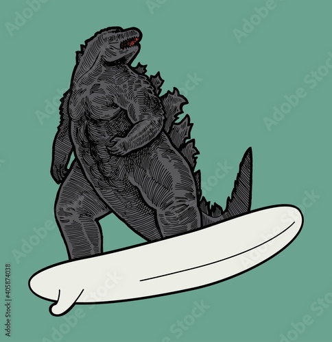 Dino monster on surfboard isolated character vector illustration. Japanese king of all monsters surfer illustration..