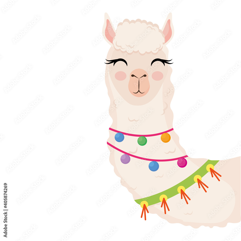 Fototapeta premium cute alpaca exotic animal with necklaces character vector illustration design