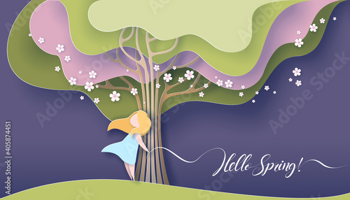 Hello Spring card. Happy girl standing near tree with blooming flowers.