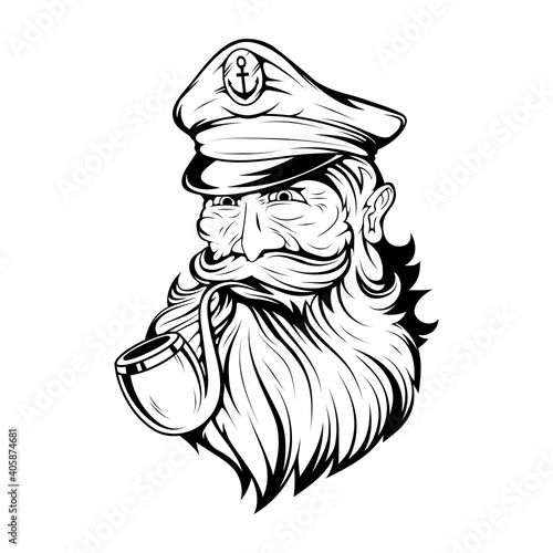 Bearded ship captain. Sailor head. Sea dog. Sailor Portrait. Captain with a pipe. Smoking sailor. Sea character. Seas Buccaneer. Captain in a navy cap. Old Pirate. Vector graphics to design.