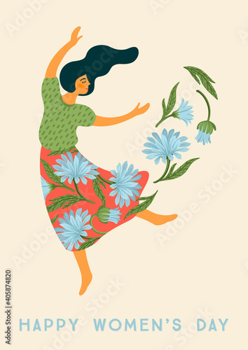 International Women s Day. Vector template with dancing woman and flowers for card, poster, flyer and other
