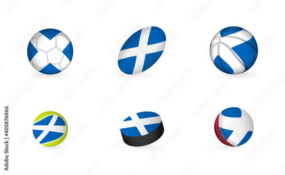 Obraz premium Sports equipment with flag of Scotland. Sports icon set.