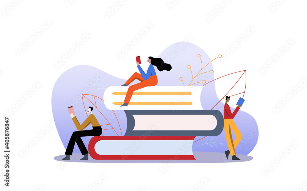 Obraz premium Men and woman sitting on a pile of books.