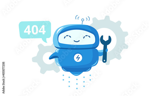Page not found error 404. Page not found. Repairs service. Robot mascot character. Support service-center repair. Vector flat.
