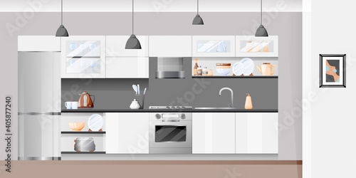 Modern white kitchen interior. Vector flat cartoon illustration. House furniture background and design element