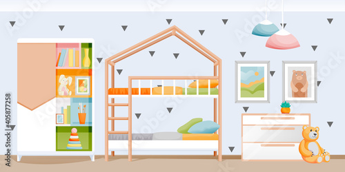 Modern light kids bedroom with bunk bed, wardrobe and toys. Children playroom interior. Vector flat cartoon illustration