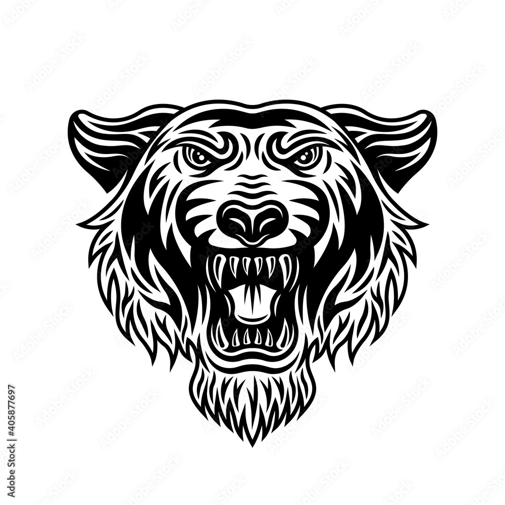 Tiger head front view vector illustration in vintage detailed monochrome style isolated on white background
