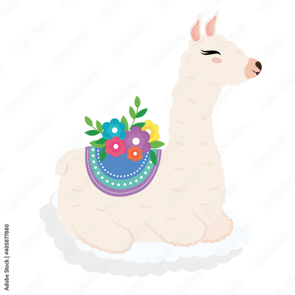 Fototapeta premium cute alpaca exotic animal with chair and floral decoration vector illustration design