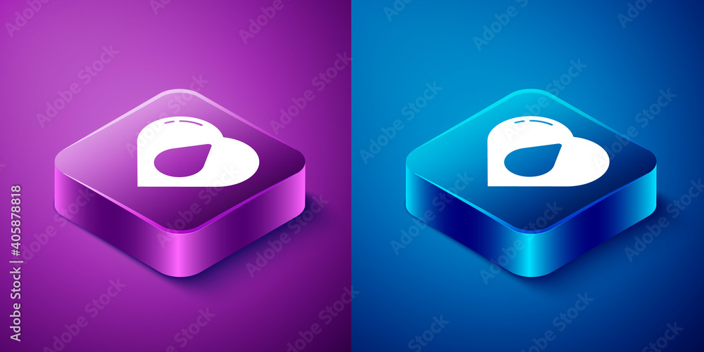 Isometric Heart with water drop icon isolated on blue and purple background. Square button. Vector Illustration. Isometric Heart with water drop icon isolated on blue and purple background. Square button. Vector Illustration.