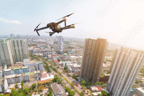 Aerial photography in the city with drones.