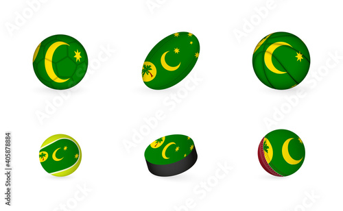 Sports equipment with flag of Cocos Islands. Sports icon set.