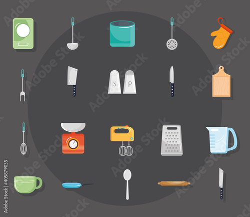 bundle of twenty kitchen utensils set icons vector illustration design