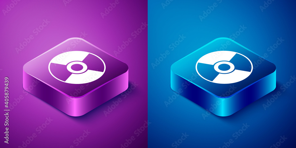 Isometric CD or DVD disk icon isolated on blue and purple background. Compact disc sign. Square button. Vector Illustration. Isometric CD or DVD disk icon isolated on blue and purple background. Compact disc sign. Square button. Vector Illustration.