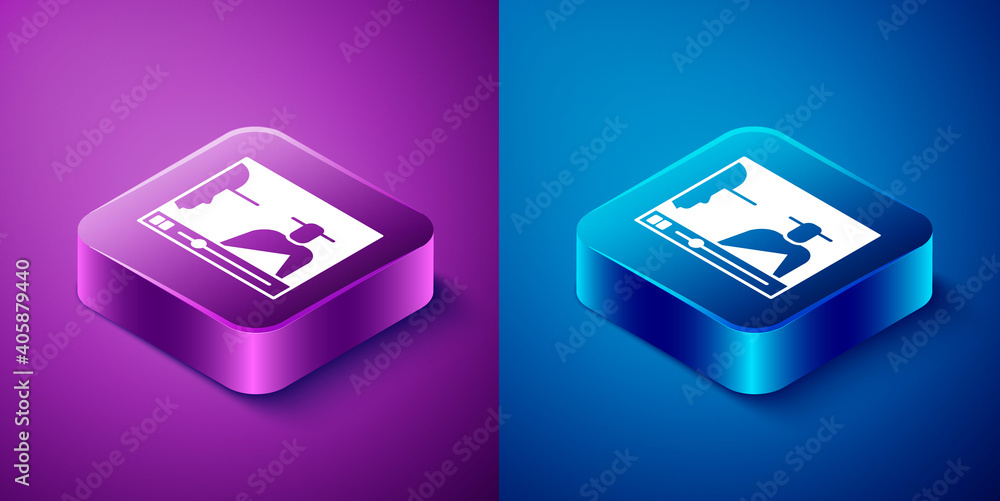 Isometric Online play video icon isolated on blue and purple background. Film strip with play sign. Square button. Vector Illustration. Isometric Online play video icon isolated on blue and purple background. Film strip with play sign. Square button. Vector Illustration.