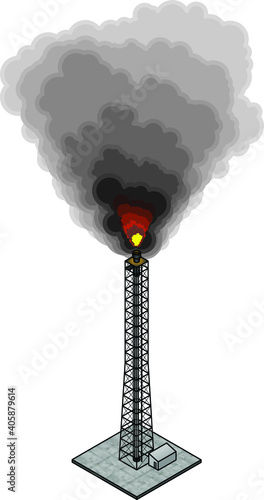An excess gas burn-off flare tower. Black smoke and soot.