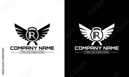 Barbell and wing logo design with the letter R concept.
