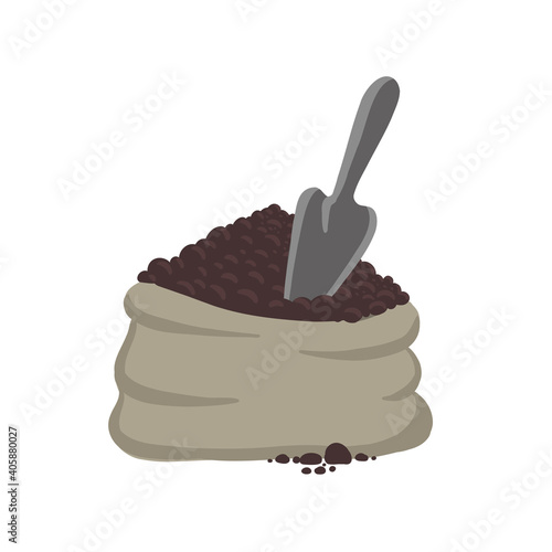 A bag of soil for growing plants. Garden scoop. For home plants. Vector illustration. Hand drawn.