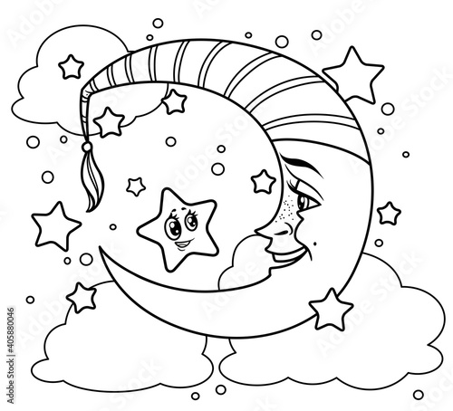 Cute cartoon smiling moon speaks to a star outlined for coloring on white background