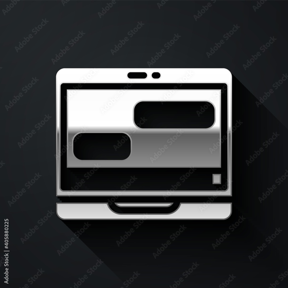 Silver New chat messages notification on laptop icon isolated on black background. Smartphone chatting sms messages speech bubbles. Long shadow style. Vector. Silver New chat messages notification on laptop icon isolated on black background. Smartphone chatting sms messages speech bubbles. Long shadow style. Vector.