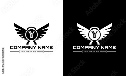 Barbell and wing logo design with the letter Y concept.