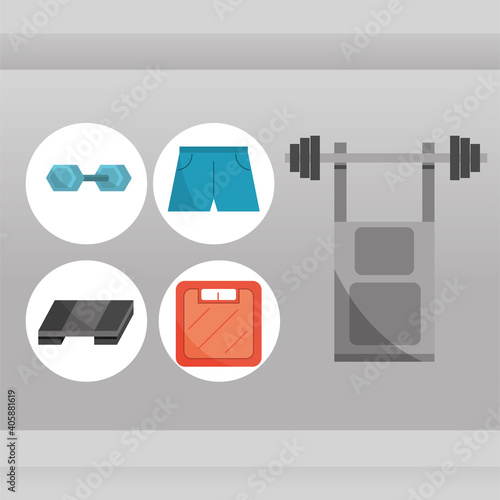 gym equipment icons set bench press with weight barbell sportswear scale in flat style