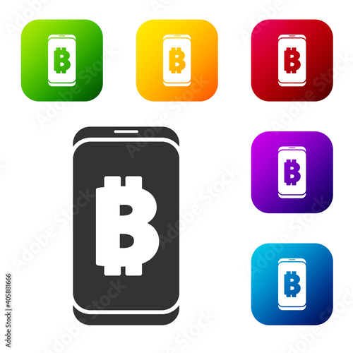 Black Mining bitcoin from mobile icon isolated on white background. Cryptocurrency mining, blockchain technology service. Set icons in color square buttons. Vector.