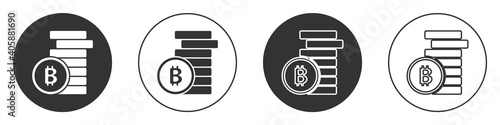 Black Cryptocurrency coin Bitcoin icon isolated on white background. Physical bit coin. Blockchain based secure crypto currency. Circle button. Vector.
