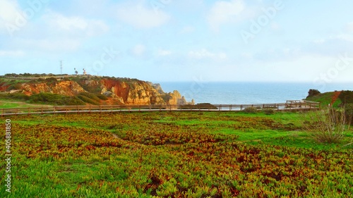 view of Ponta da Piedade  a spectacular rocky promontory along the coast of the city of Lagos in the Portuguese Algarve region. They are one of Portugal s most popular tourist attractions