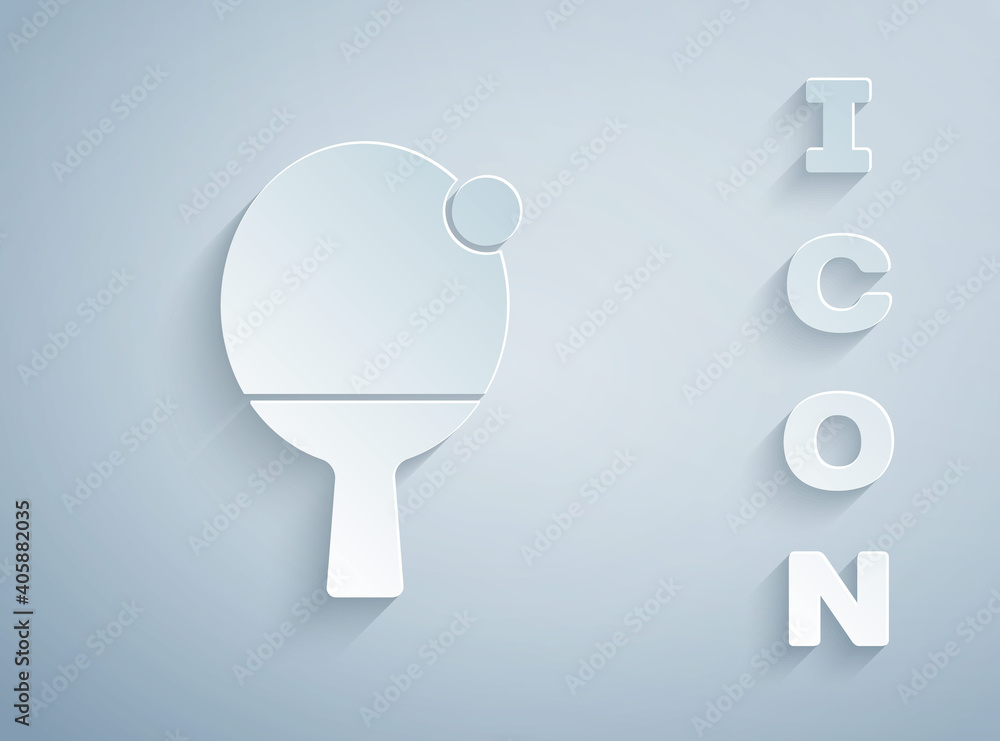 Paper cut Racket for playing table tennis icon isolated on grey background. Paper art style. Vector. Paper cut Racket for playing table tennis icon isolated on grey background. Paper art style. Vector.