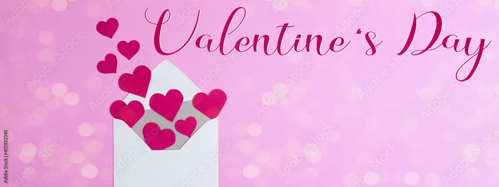 Happy Valentine's day greeting card template - White envelope and hearts isolated on pink background texture top view, flat lay