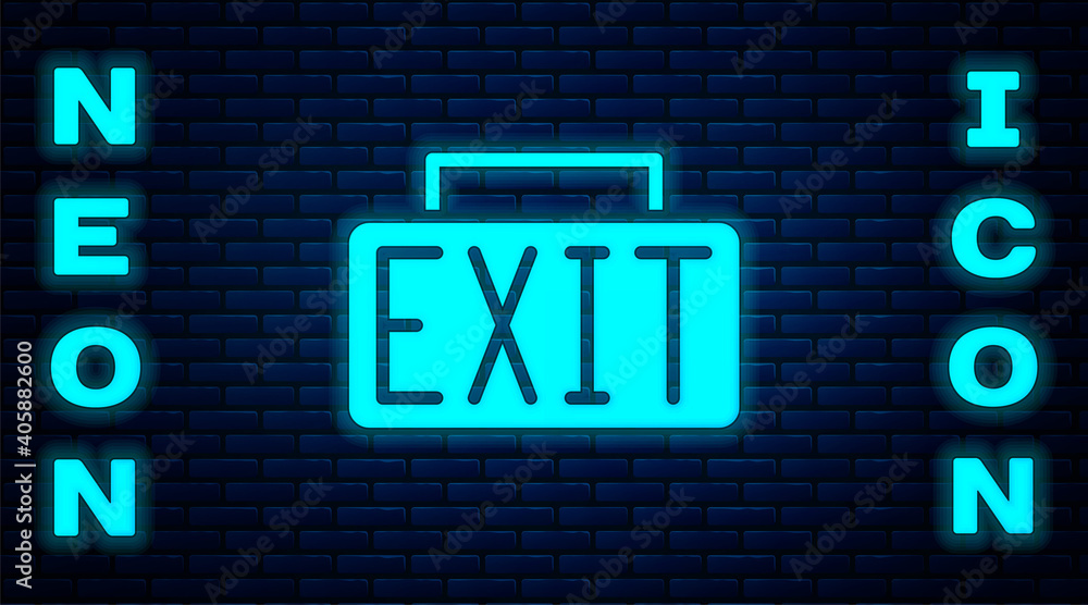 Glowing neon Exit icon isolated on brick wall background. Fire emergency icon. Vector. Glowing neon Exit icon isolated on brick wall background. Fire emergency icon. Vector.