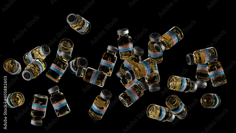 Covid-19 Vaccine bottles rotation in the air. close-up liquid detail in bottles 3d render Covid-19 Vaccine bottles rotation in the air. close-up liquid detail in bottles 3d render