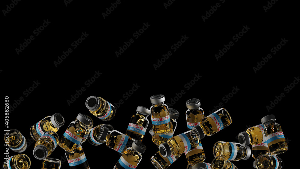 Covid-19 Vaccine bottles rotation in the air. close-up liquid detail in bottles 3d render Covid-19 Vaccine bottles rotation in the air. close-up liquid detail in bottles 3d render