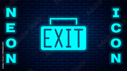 Glowing neon Exit icon isolated on brick wall background. Fire emergency icon. Vector.