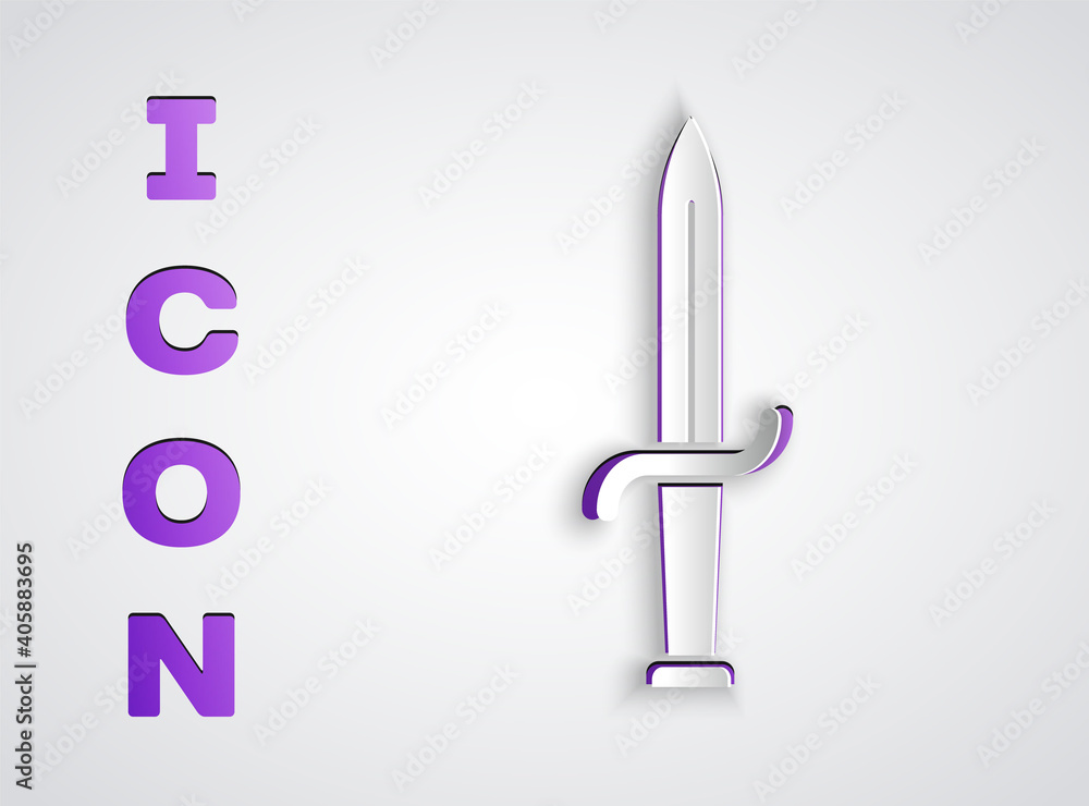 Paper cut Dagger icon isolated on grey background. Knife icon. Sword with sharp blade. Paper art style. Vector. Paper cut Dagger icon isolated on grey background. Knife icon. Sword with sharp blade. Paper art style. Vector.