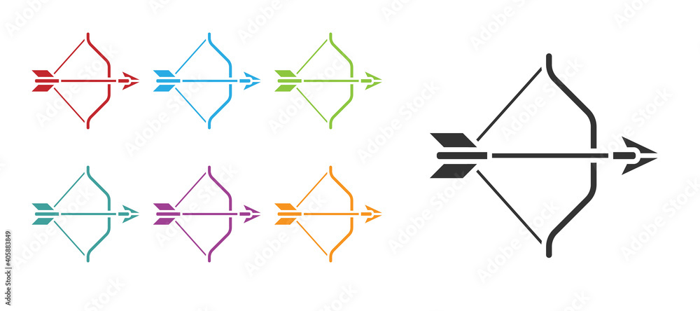 Black Medieval bow and arrow icon isolated on white background. Medieval weapon. Set icons colorful. Vector. Black Medieval bow and arrow icon isolated on white background. Medieval weapon. Set icons colorful. Vector.