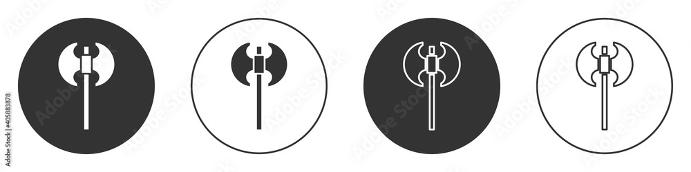 Black Medieval axe icon isolated on white background. Battle axe, executioner axe. Medieval weapon. Circle button. Vector. Black Medieval axe icon isolated on white background. Battle axe, executioner axe. Medieval weapon. Circle button. Vector.