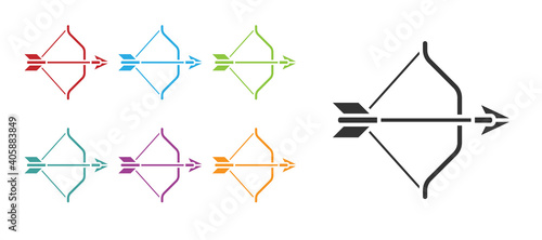 Black Medieval bow and arrow icon isolated on white background. Medieval weapon. Set icons colorful. Vector.