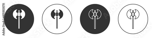 Black Medieval axe icon isolated on white background. Battle axe, executioner axe. Medieval weapon. Circle button. Vector.