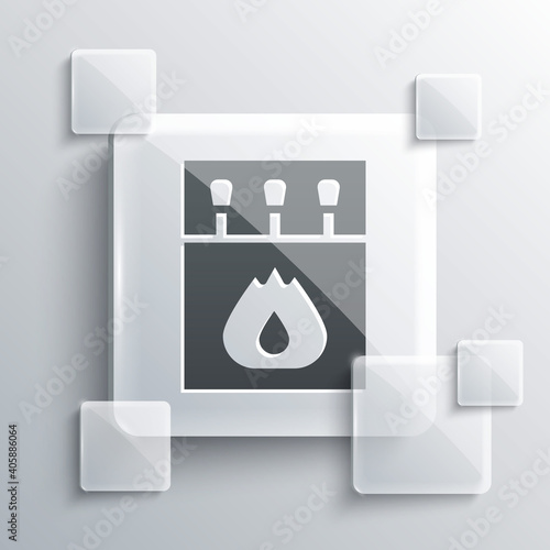 Grey Open matchbox and matches icon isolated on grey background. Square glass panels. Vector.