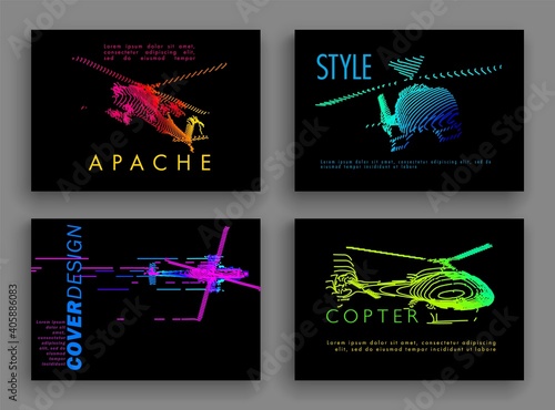 Art image set of a helicopter. Minimal cover design. Conceptual vector drawn by color lines