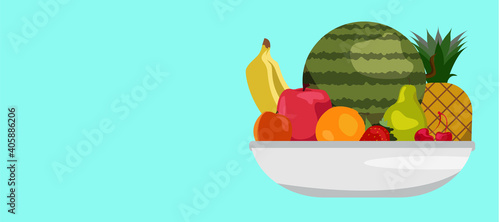 Fototapeta Naklejka Na Ścianę i Meble -  Apple, Orange, Watermelon, apricot, pear, cherry. Vector organic fruits set. Healthy Food. Healthy diet concept. Strawberries, banana, pomegranate, Pineapple