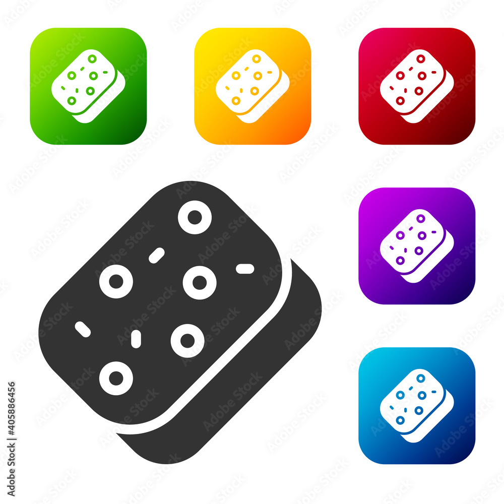 Black Sponge with bubbles icon isolated on white background. Wisp of bast for washing dishes. Cleaning service logo. Set icons in color square buttons. Vector. Black Sponge with bubbles icon isolated on white background. Wisp of bast for washing dishes. Cleaning service logo. Set icons in color square buttons. Vector.