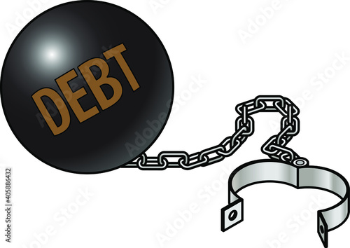 Concept: the burden of debt. A ball and chain with debt written on the ball.