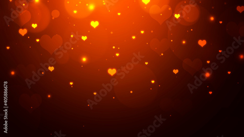 Abstract golden brown gradient bokeh background with glowing hearts and sparkles. Valentines day background