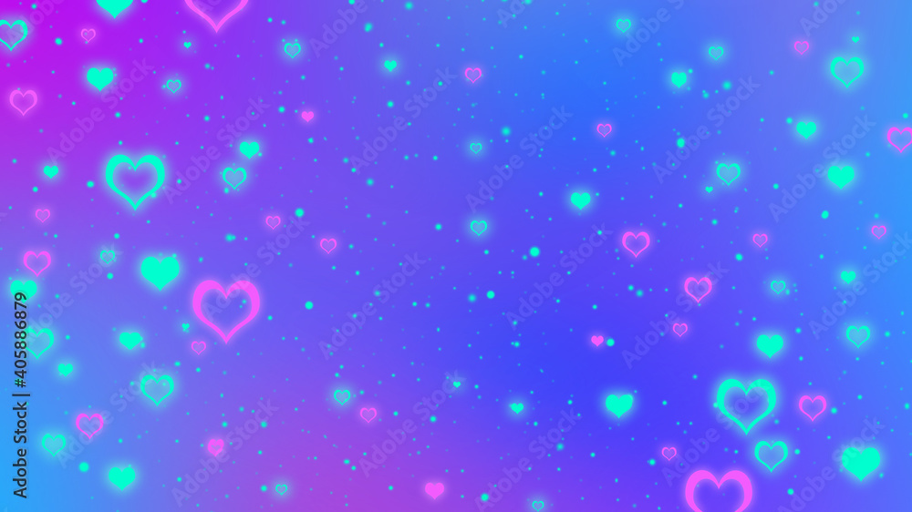 Abstract blurred blue and purple gradient background with glowing turquoise and pink hearts. Vivid Valentines day background Abstract blurred blue and purple gradient background with glowing turquoise and pink hearts. Vivid Valentines day background